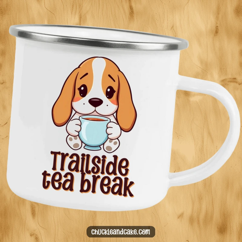 Funny Basset Hound Camping Mug with droopy ears, holding tea, perfect for humorous outdoor relaxation.
