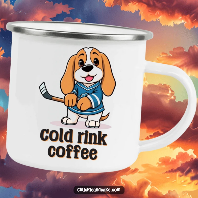 Funny Basset Hound wearing a hockey jersey and holding a tiny stick on a sturdy and portable camping mug.