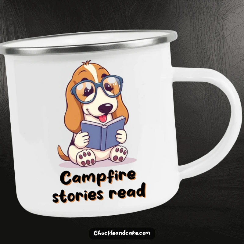 Funny Basset Hound with droopy ears wearing spectacles, reading a tiny book, intellectual dog camping mug, humorous bookworm design, adventurous funny gift.