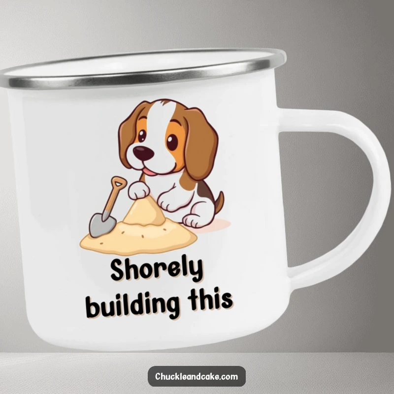 Funny Basset Hound camping mug showcasing a Basset Hound with a tiny shovel building a sandcastle, perfect for outdoor enthusiasts.