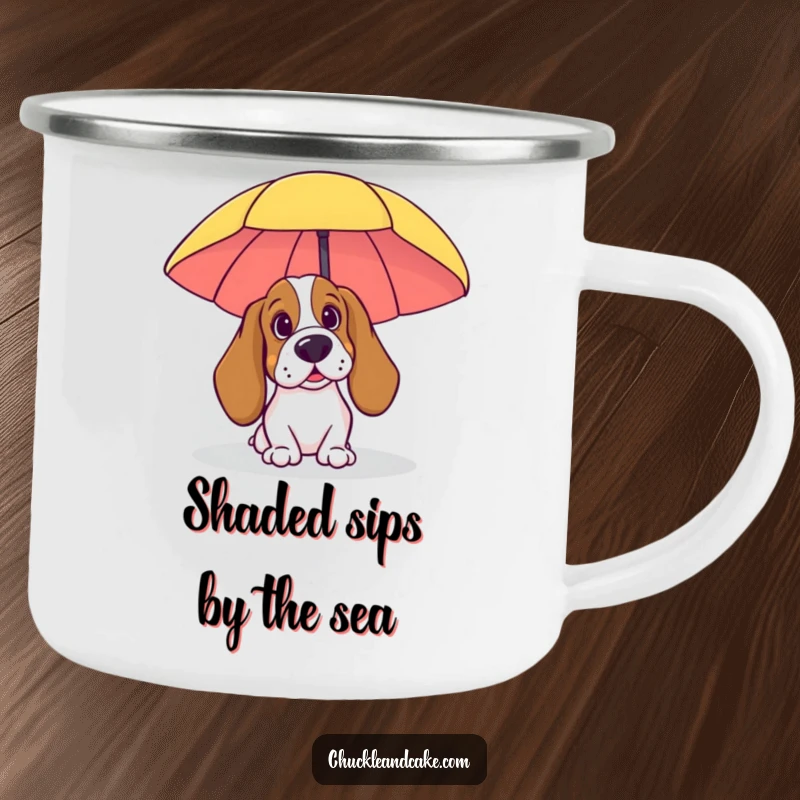 Funny Basset Hound Camping Mug: A Basset Hound peeking from behind a beach umbrella, perfect for sunny outdoor sips.