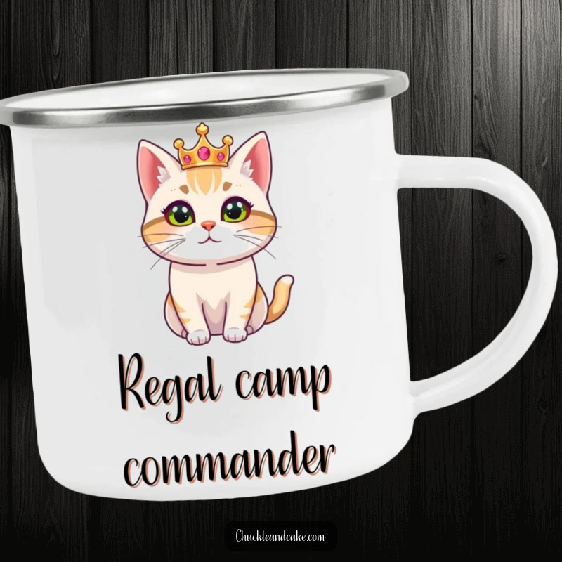 Funny enamel camping mug featuring a Bobtail cat wearing a small crown, looking regal, ideal for enjoying beverages outdoors.