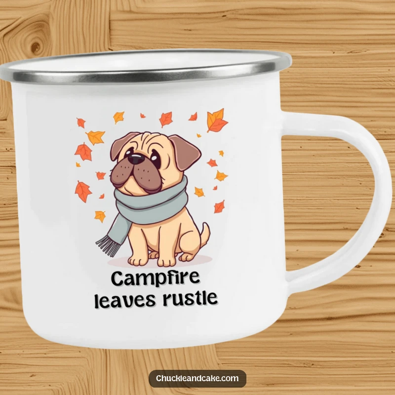 Funny camping mug featuring a Bullmastiff dog wearing a scarf, watching falling leaves, perfect for outdoor autumn enjoyment.