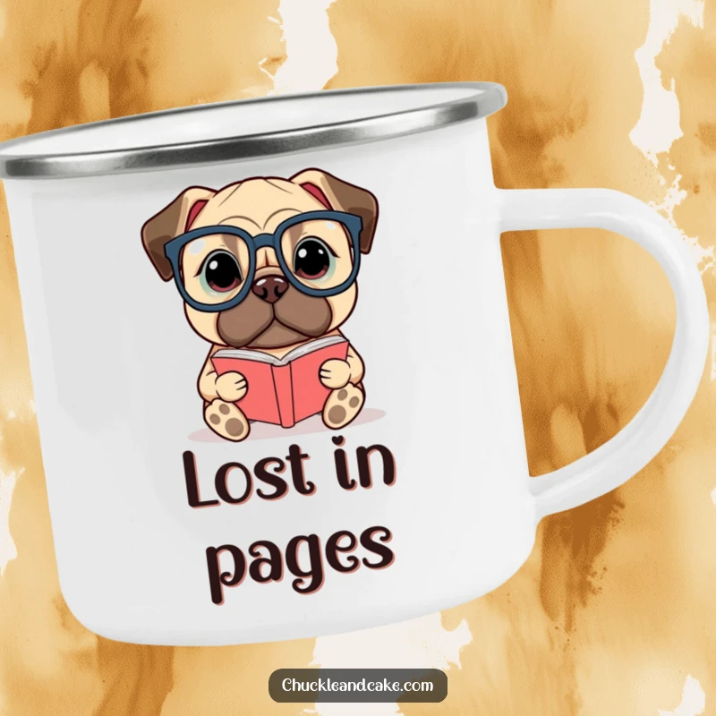 Funny Bullmastiff enamel camping mug depicting a dog wearing glasses and reading a small book, ideal for outdoor coffee or tea.