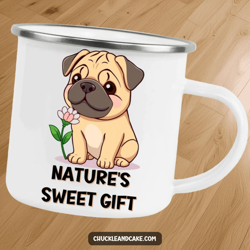 Funny Bullmastiff flower camping mug, perfect for drinks with a smiling dog offering a flower for sweet outdoor humor.