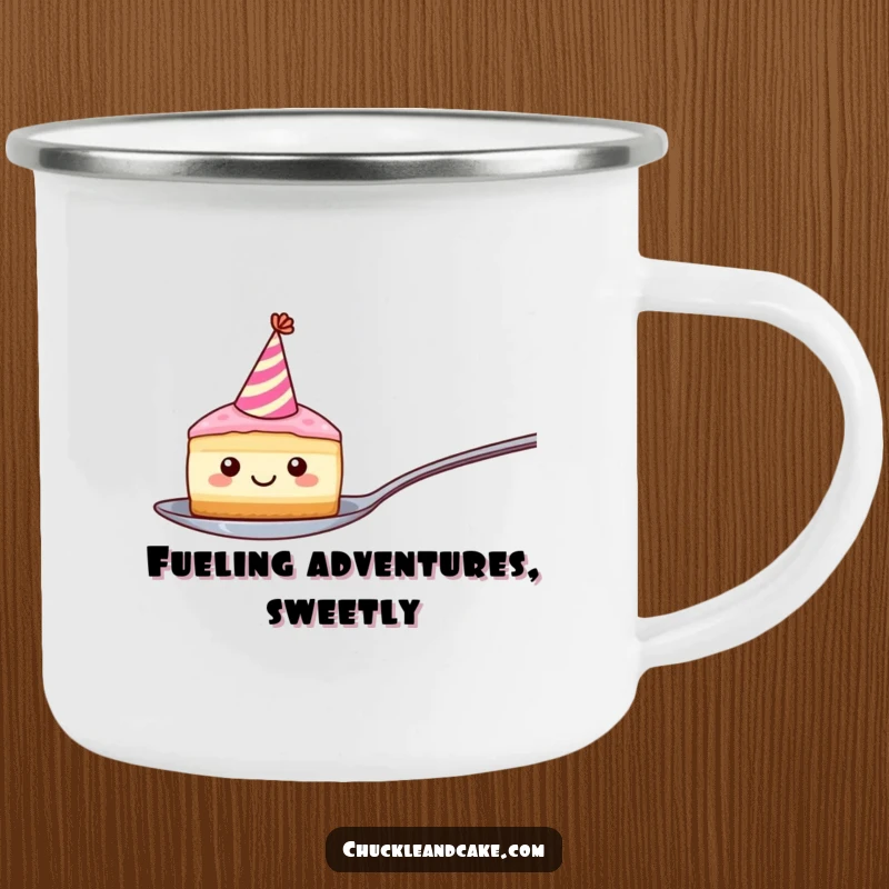 Funny camping mug with a smiling cake slice in a party hat, balancing on a spoon, for your adventurous, dessert-loving spirit.