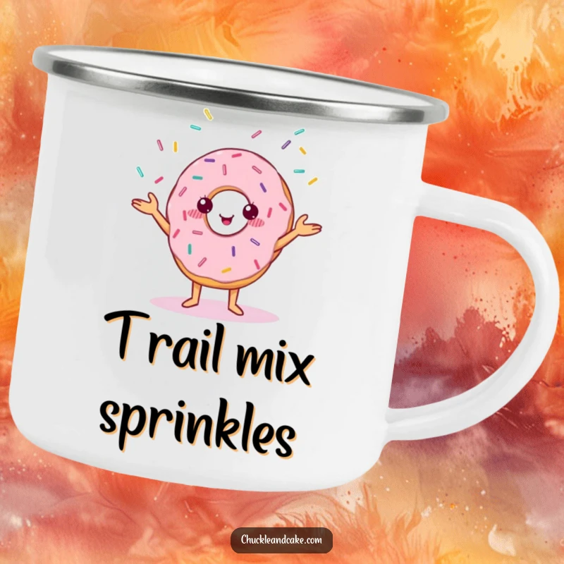 Funny camping mug showing a cheerful donut with small eyes juggling colorful sprinkles.
