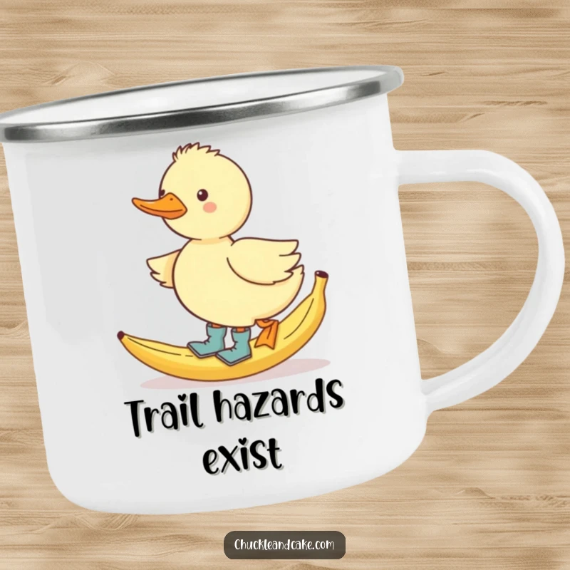 Funny waddling duck in tiny boots, slipping on a banana peel, humorous camping mug.