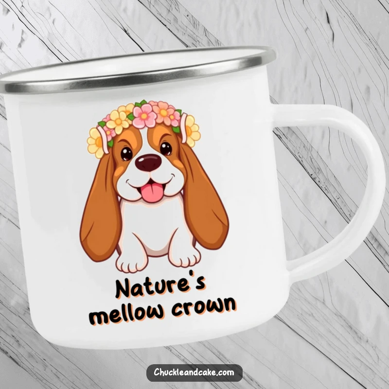 Funny Basset Hound Camping Mug with droopy ears, wearing a flower crown, smiling, perfect for humorous outdoor relaxation.