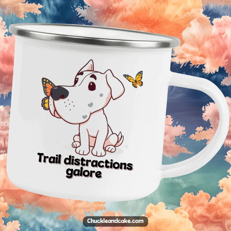 Funny Grand Dane camping mug with a dog exhibiting gentle curiosity towards a small butterfly fluttering by.