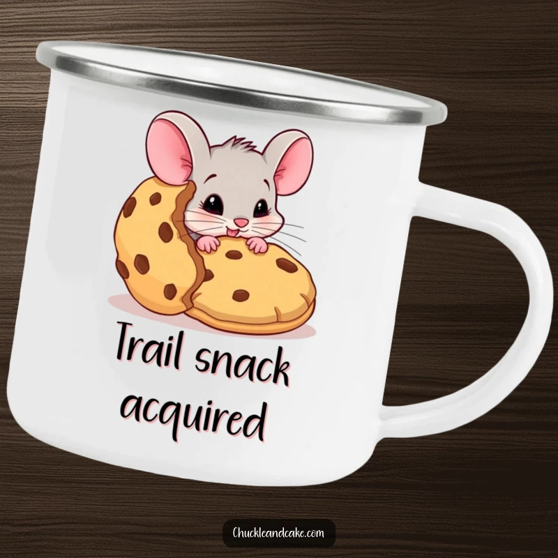 Funny mouse camping mug, enamel cup with a mischievous mouse grabbing a giant cookie, outdoor adventure humor, cute enamelware, perfect funny gift.