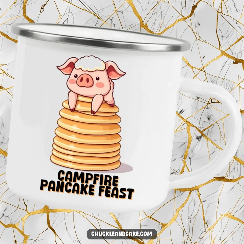 Funny sheepish pig precariously balancing pancakes on a sturdy camping mug, ideal for humorous outdoor breakfast enjoyment.