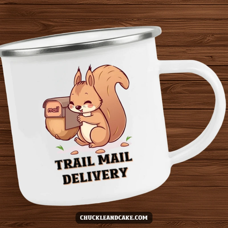 Funny squirrel camping mug, humorously mailing a giant nut, perfect for outdoor adventures and laughs.