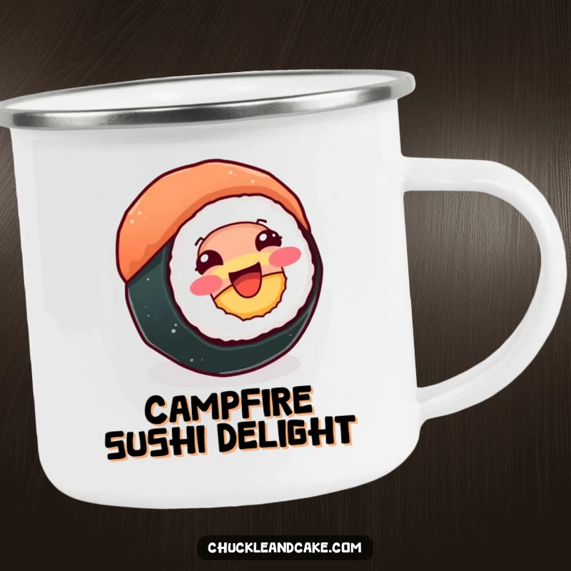 Funny enamel camping mug featuring a beaming sushi roll spinning happily, perfect for outdoor beverages and joyful vibes.