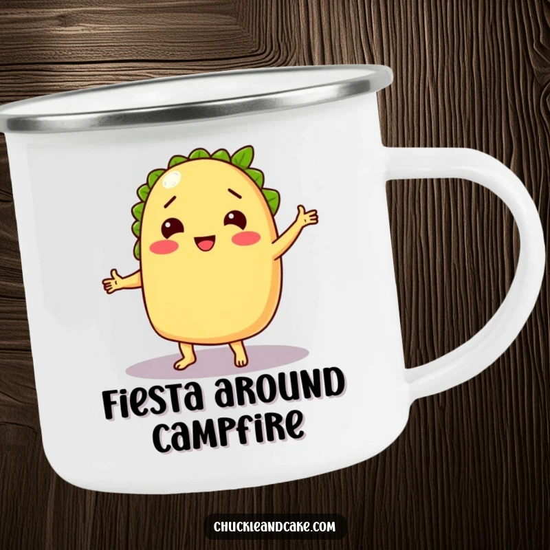 Funny enamel camping mug featuring a chuckling taco dancing with a lime, perfect for outdoor beverages and fiesta fun.