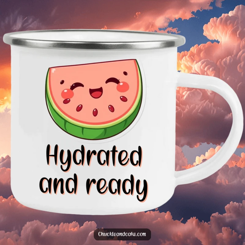 Funny watermelon slice camping mug with seeds winking, a durable and humorous outdoor mug featuring a delighted fruit character.