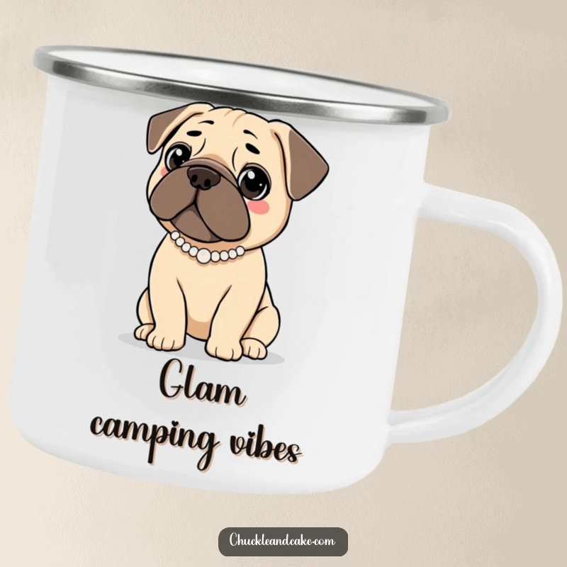 Funny camping mug featuring a Bullmastiff dog adorned with a pearl necklace, looking elegantly poised for outdoor enjoyment.