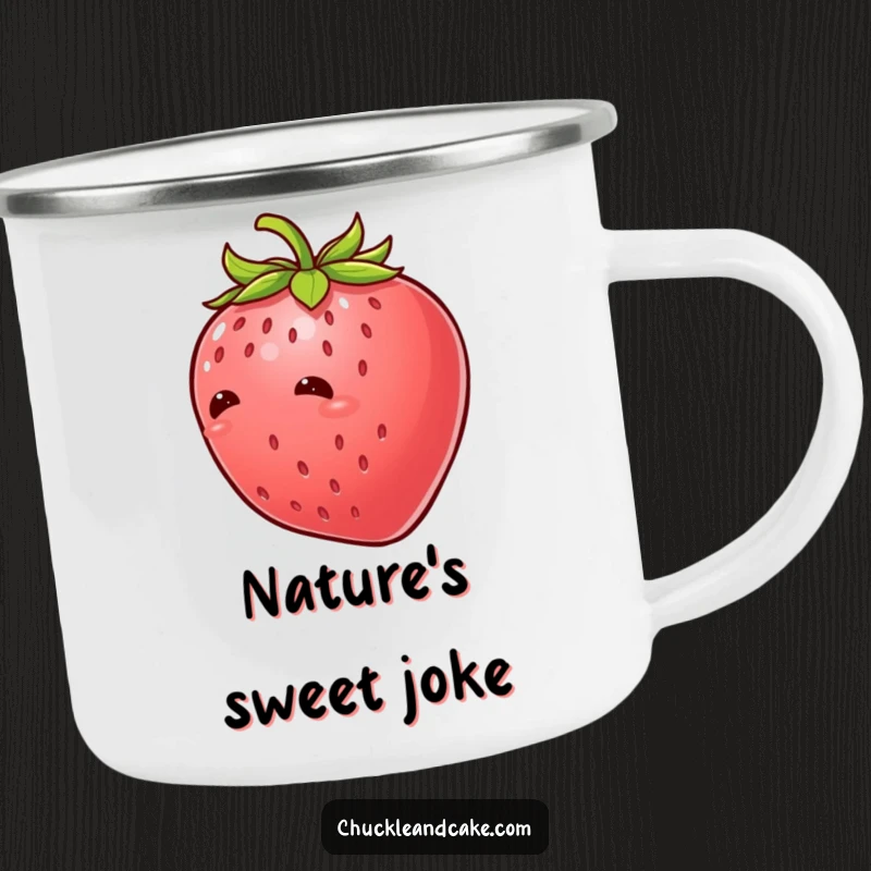 Funny strawberry with leaves giggling uncontrollably, a camping mug designed with a tickled fruit character for humorous outdoor enjoyment.