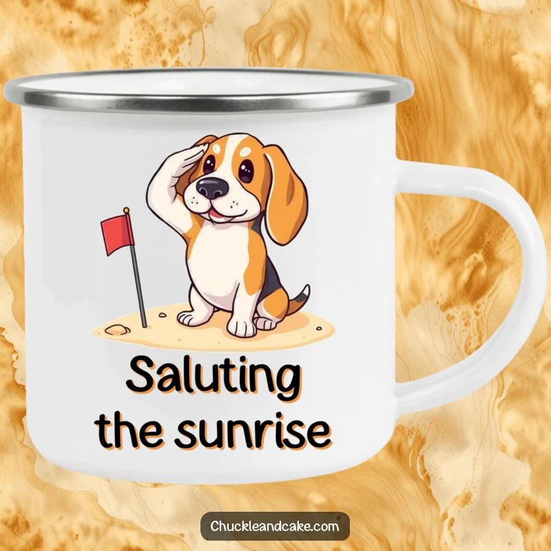 Funny Basset Hound saluting with a small flag on the sand, looking patriotic, on a durable enamel camping mug.