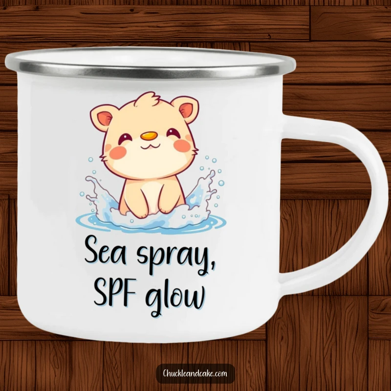 Funny camping mug with a cheerful animal wearing sunscreen on its nose, splashing in the sea.