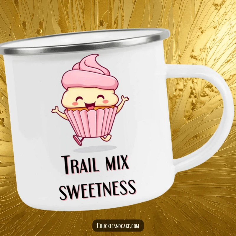 Funny camping mug with a smiling cupcake wearing a frosting hat, skipping happily.