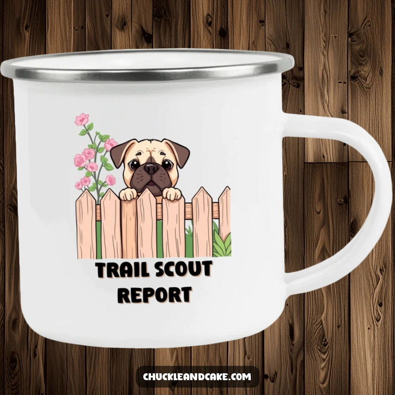 Funny Bullmastiff peeking camping mug, perfect for outdoor drinks with a curious dog guarding the view humorously.