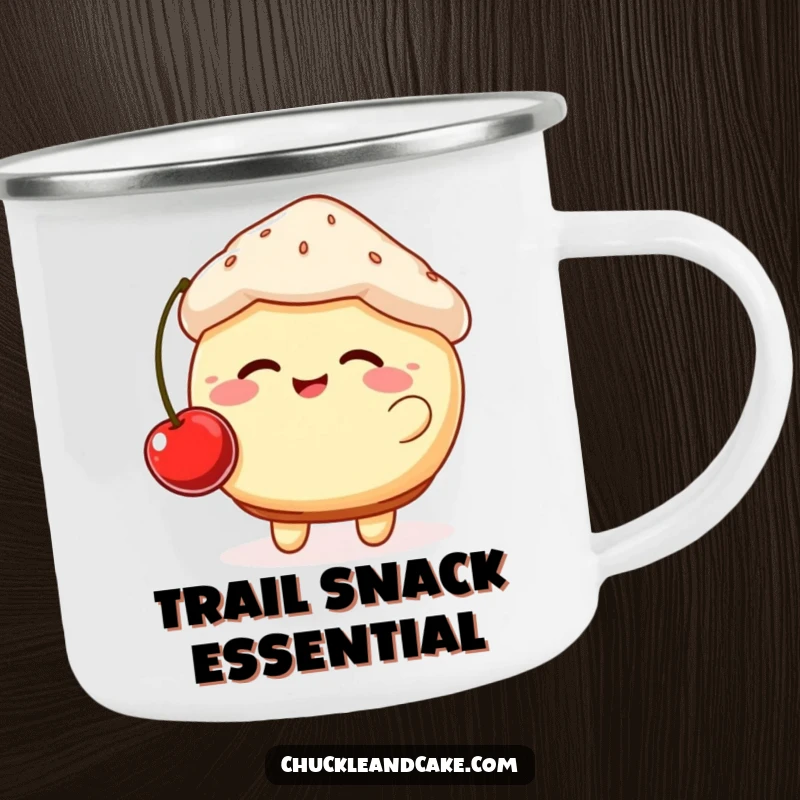 Funny camping mug showing a giggling muffin with rosy cheeks bouncing a cherry, perfect for cheerful sips in the wild.
