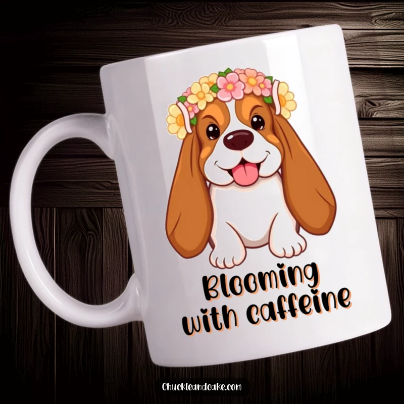 Funny Basset Hound Mug with droopy ears, wearing a flower crown, smiling joyfully, a humorous and cute gift.