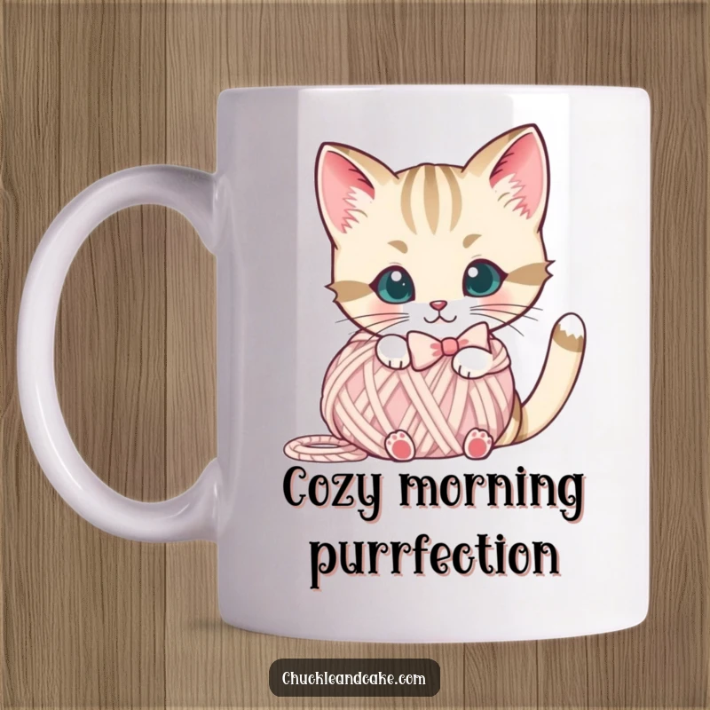 Funny Bobtail cat mug featuring a cute cat wearing a bow, peeking playfully from behind a colorful yarn ball.