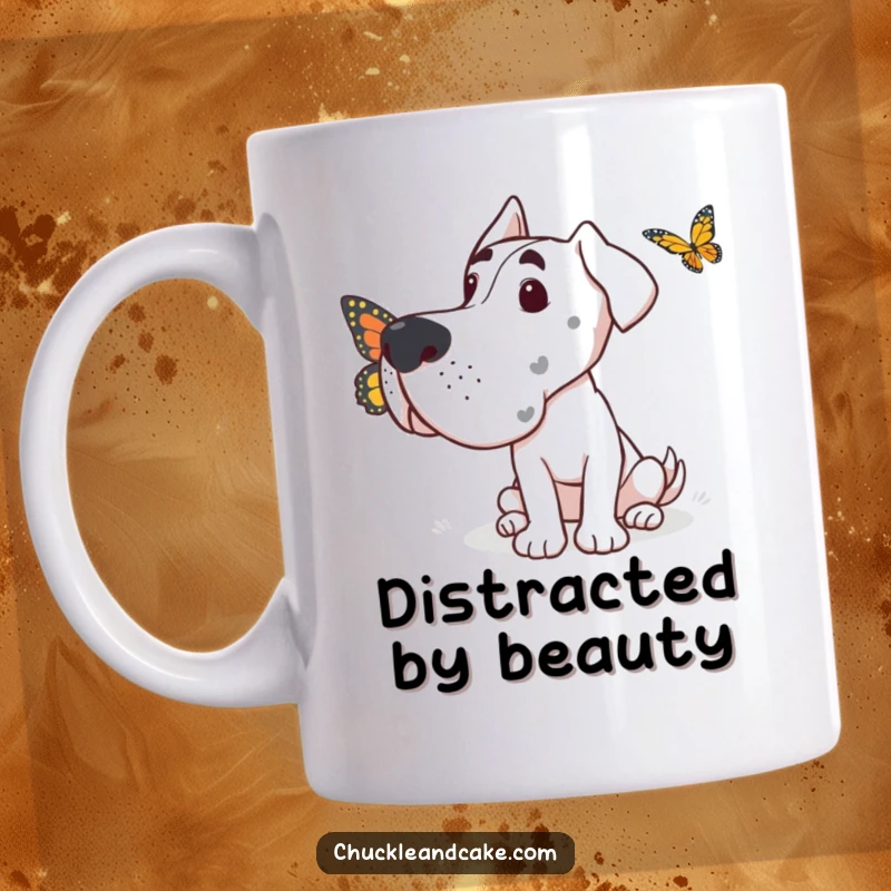 Funny Grand Dane mug showing a large dog with a curious expression, watching a delicate butterfly flutter by.
