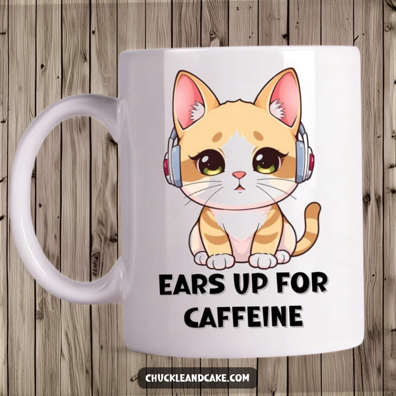 Funny mug featuring a Bobtail cat wearing cute ear warmers, tilting its head, intently listening with adorable focus, perfect for gift.