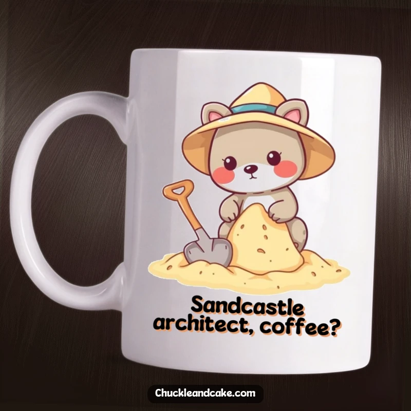 Funny mug featuring an animal wearing a sun hat, focused on building a sandcastle with a shovel.