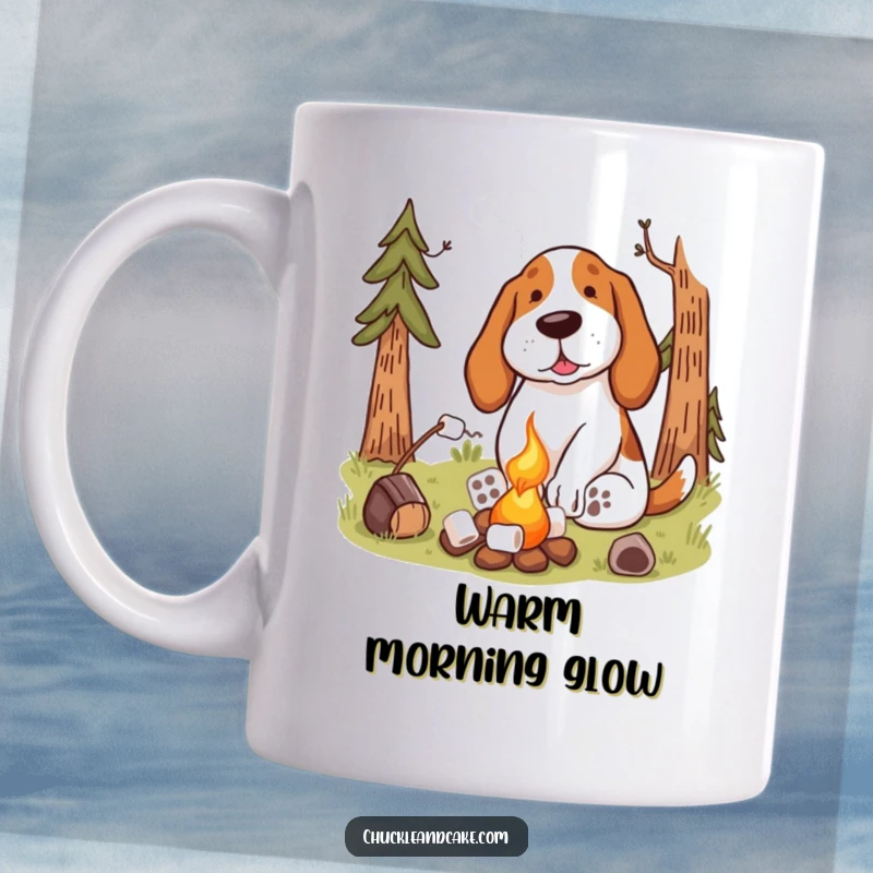 Funny Basset Hound Mug by a campfire toasting marshmallows, evoking cozy outdoor vibes and a love for dogs.