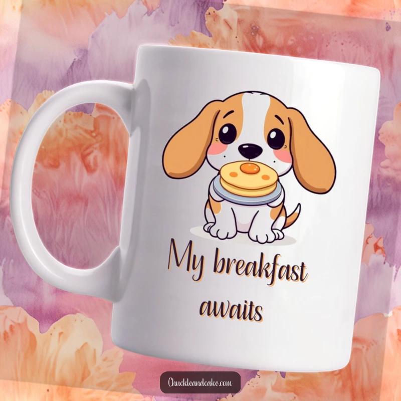 Funny Basset Hound Mug holding a single small pancake with a proud expression, perfect for dog owners and breakfast lovers.