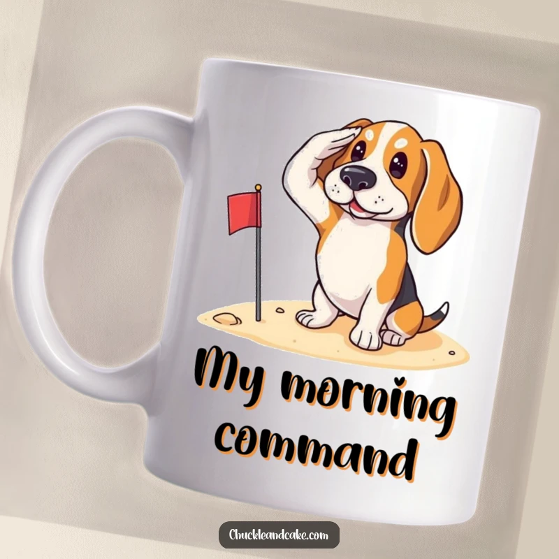 Funny Basset Hound saluting with a small flag on the sand, looking patriotic and proud on a coffee mug.