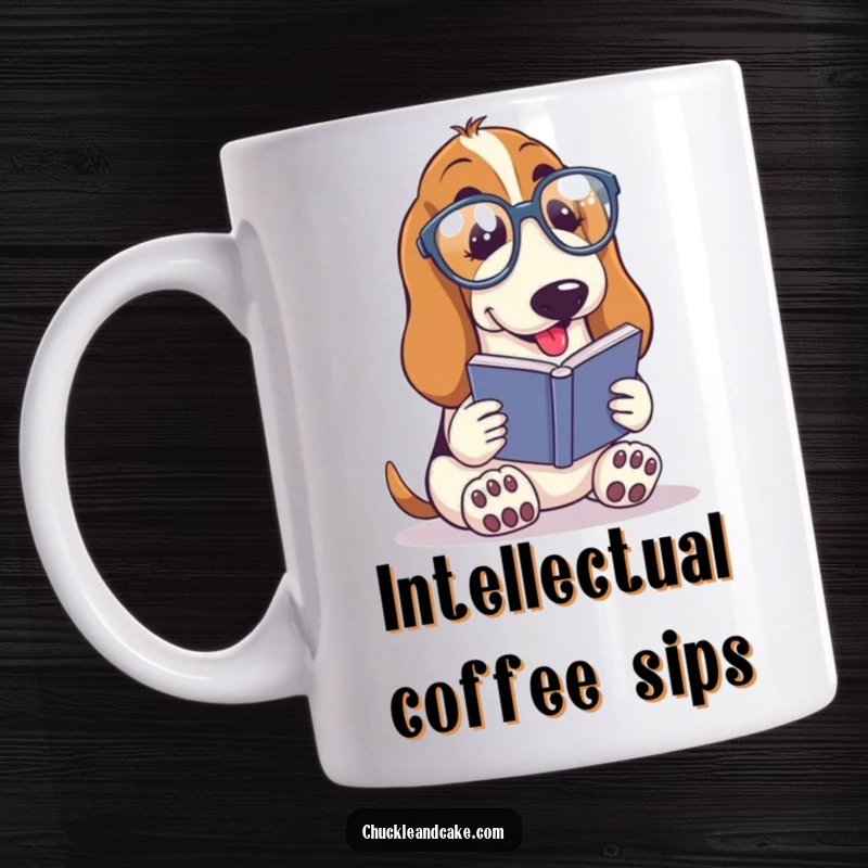 Funny Basset Hound with droopy ears wearing spectacles, reading a tiny book, intellectual dog mug, humorous bookworm design, great funny gift.