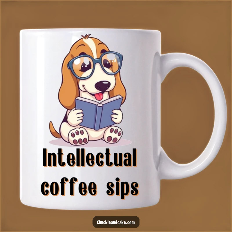 Funny Basset Hound Reader Mug - Spectacles & Book Design, Scholarly Funny Gift