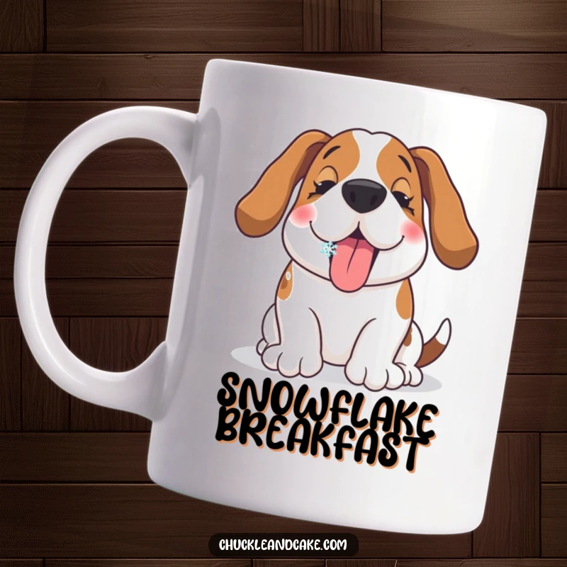 Funny Basset Hound mug with a delighted expression catching a snowflake on its tongue, capturing pure winter happiness.