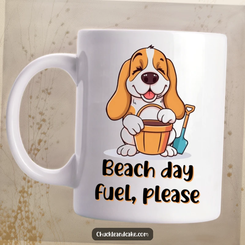 Funny Basset Hound winking with bucket and spade, ready for beach vacation fun on this ceramic mug.