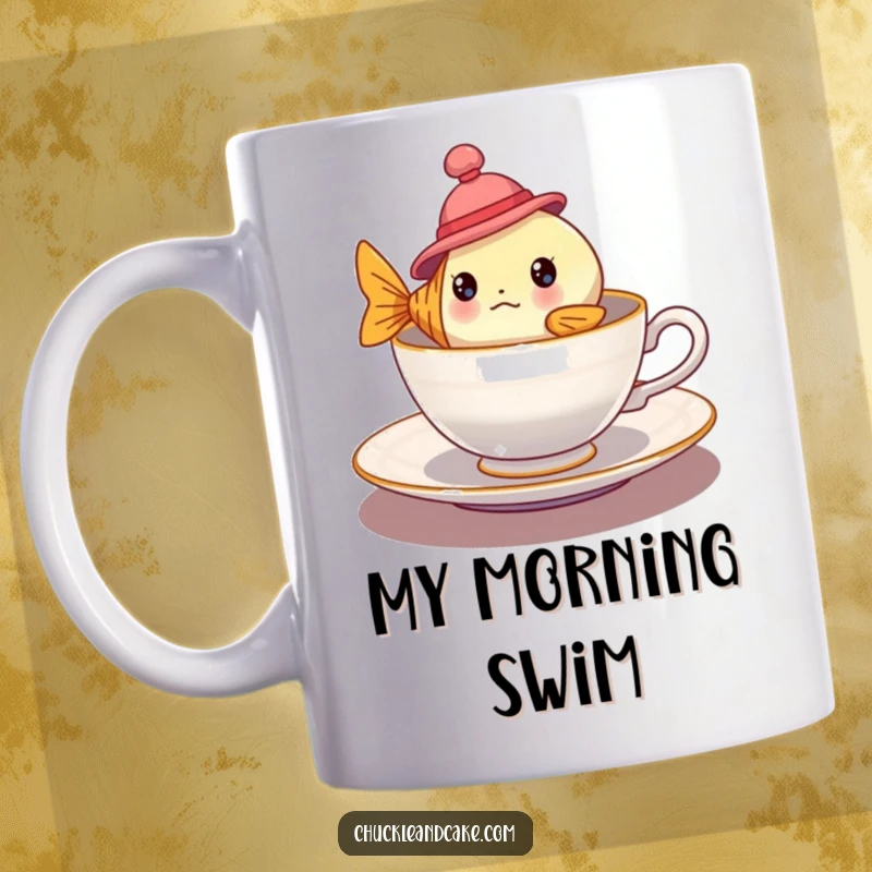 Funny bewildered fish in a tiny hat floating in a teacup on a mug, amusing and quirky drinkware.