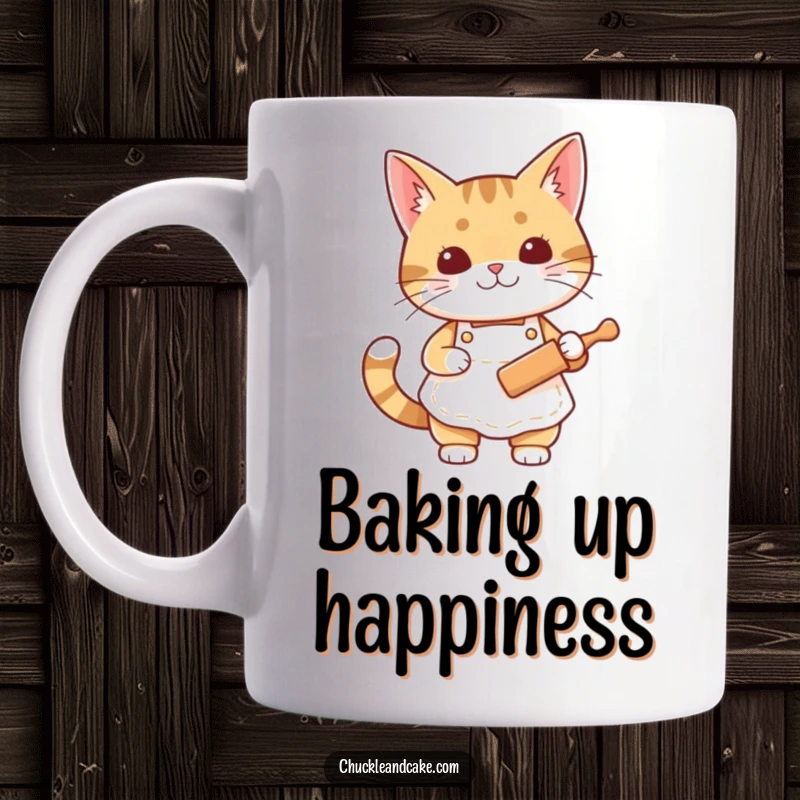 Funny Bobtail cat mug featuring a cat in an apron holding a rolling pin, ready to bake.