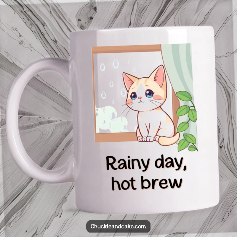 Funny mug featuring a Bobtail cat sitting by a window, gazing wistfully at falling raindrops, capturing a serene moment.