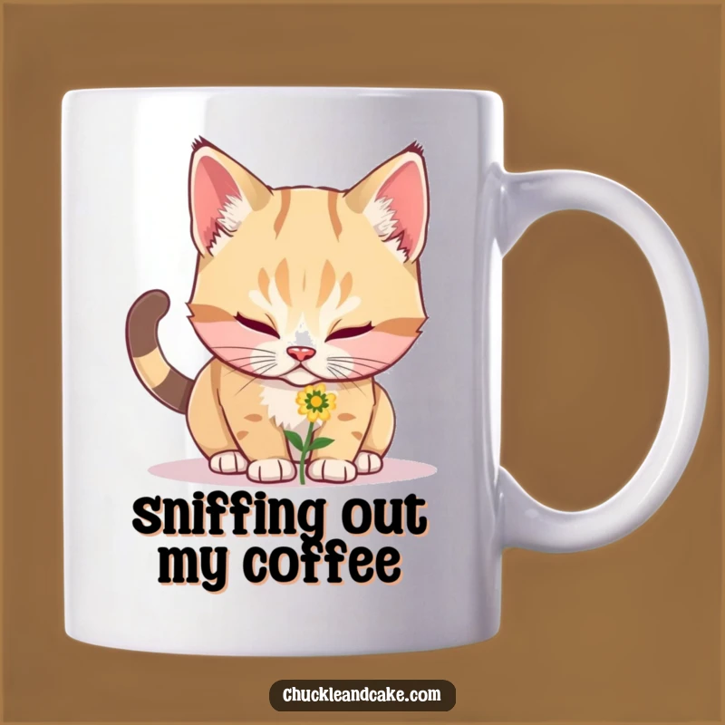 Funny Bobtail Cat Sniffing Flower Mug - Adorable Pet Gift for Cat Lovers