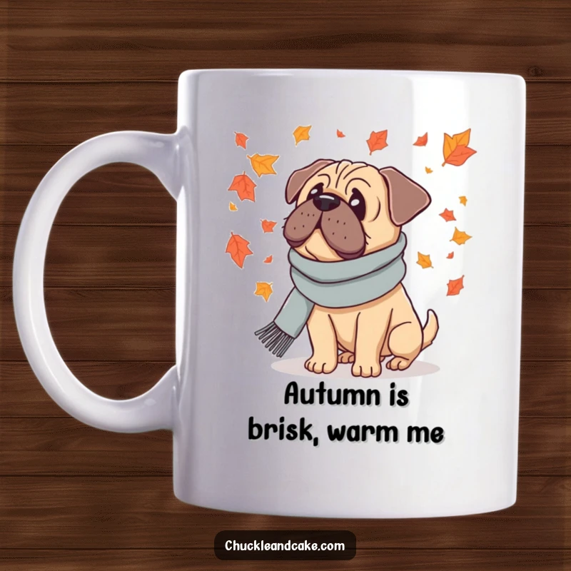 Funny mug featuring a Bullmastiff dog wearing a cozy scarf, contemplating falling autumn leaves with a gentle expression.