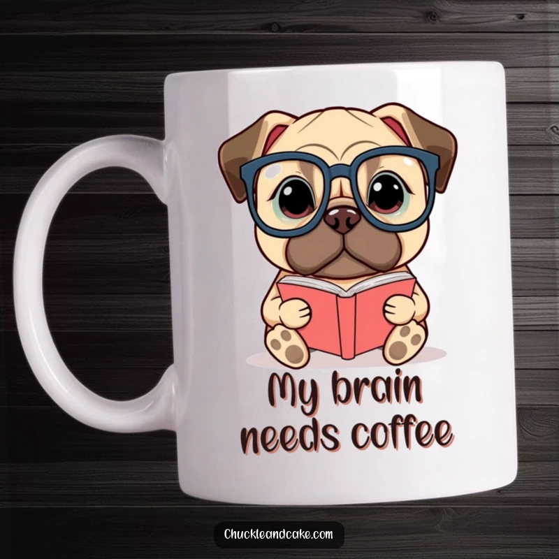 Funny Bullmastiff mug with oversized glasses intently reading a miniature book, expressing studious joy and canine intellect.