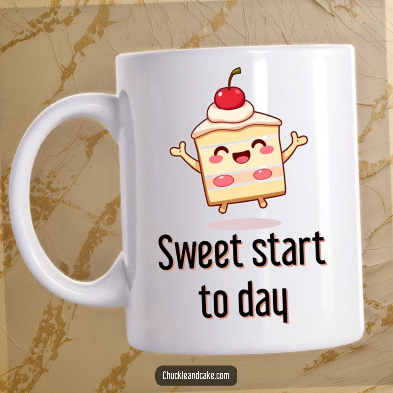 Funny slice of cake with a cherry on top beaming and jumping, expressing pure excitement and celebratory joy.