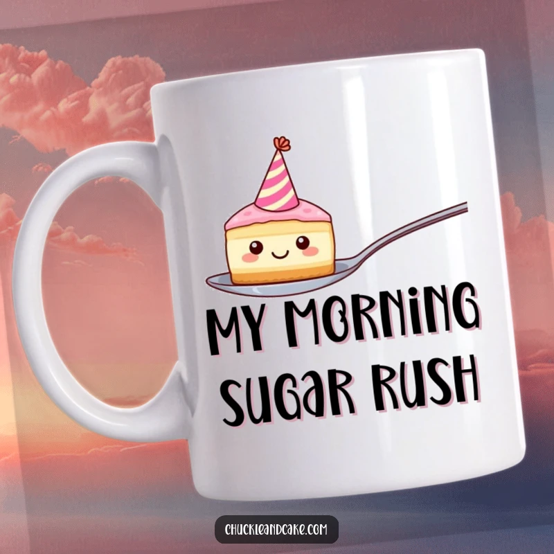 Funny mug featuring a smiling, round cake slice in a party hat balancing precariously on a spoon, looking joyful and ready for fun.
