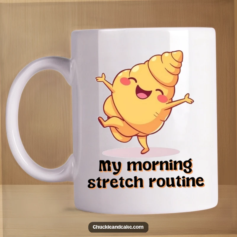 Funny croissant mug with a joyous croissant doing a cartwheel with impressive flair, exuding pure happiness and energy.
