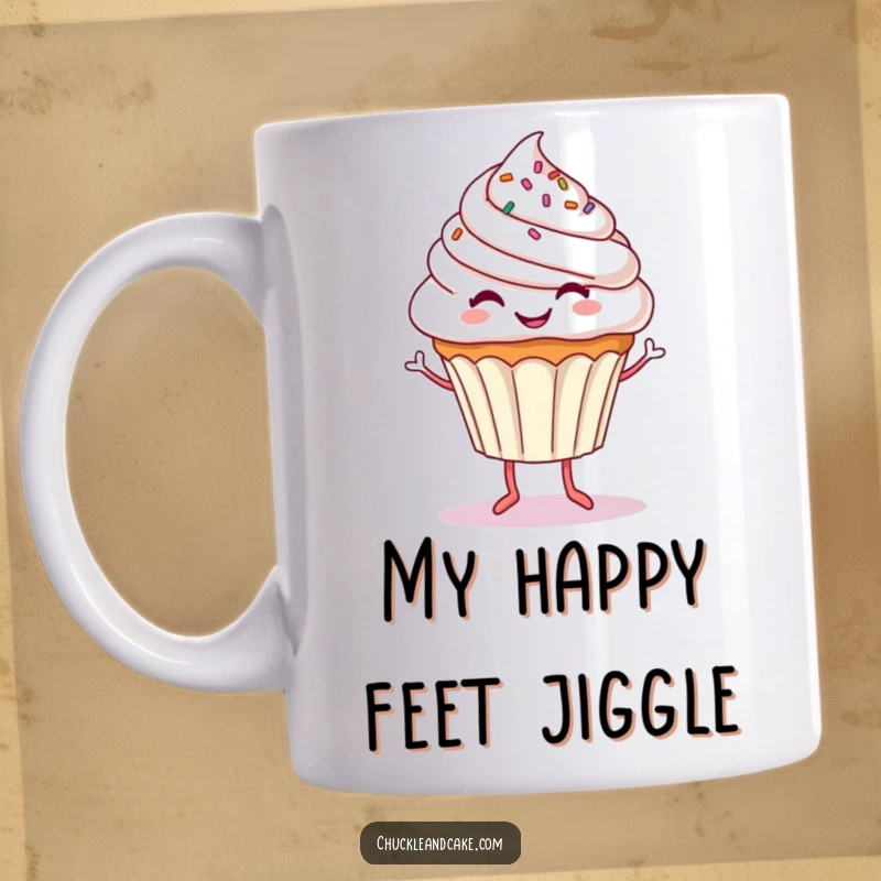 Funny mug featuring a smiling cupcake with sprinkles and tiny legs, joyfully dancing with a cheerful expression, bringing delightful humor.