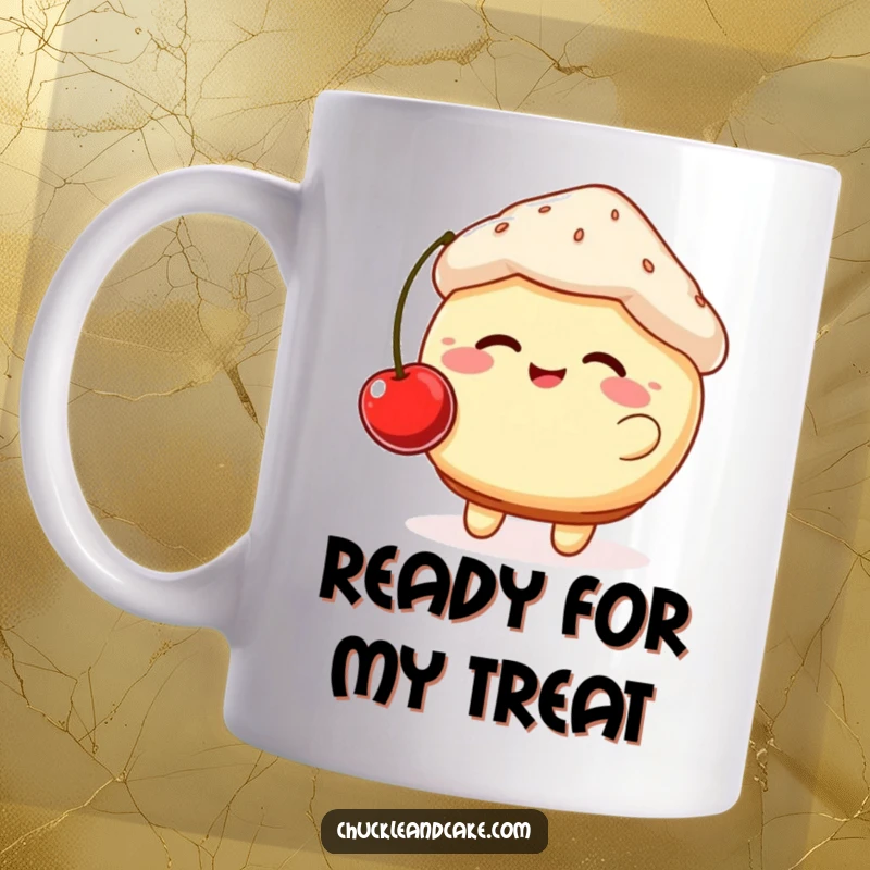 Funny mug featuring a plump, giggling muffin with rosy cheeks joyfully bouncing a cherry, radiating pure, sweet happiness.